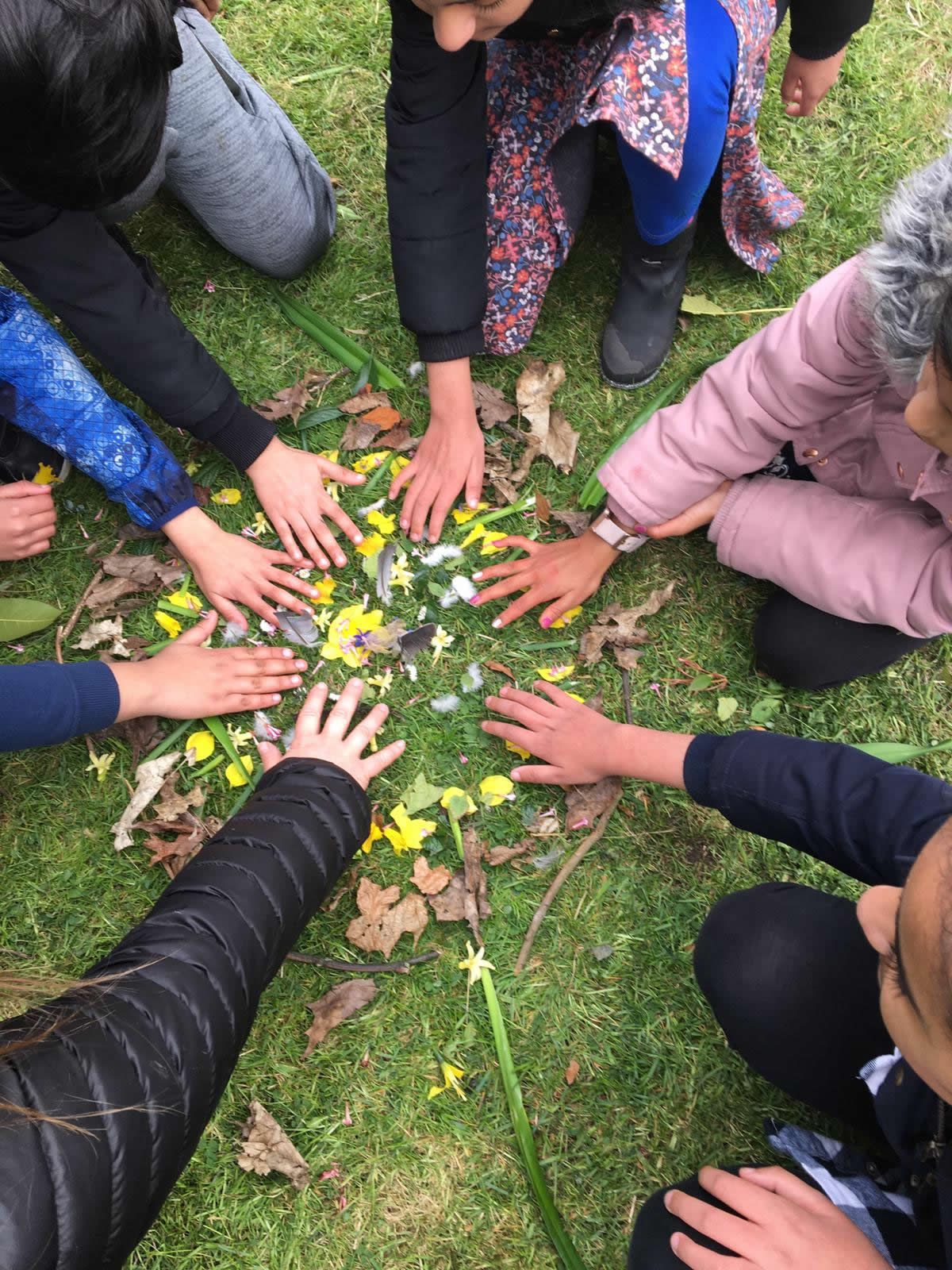 Children's hands amongst leaves and petals
